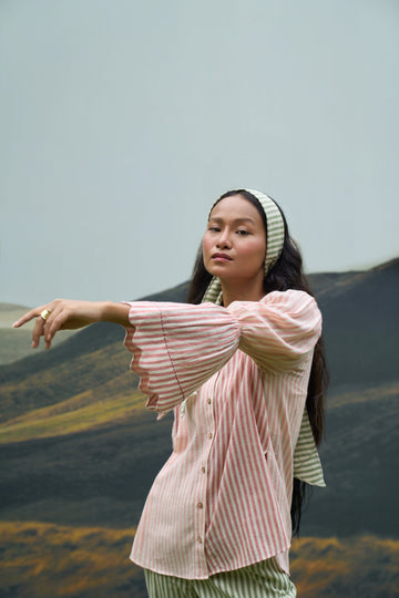 Alternative Scarlet top and moss green trousers coord set, featuring a stylish matching blouse and pants ensemble.