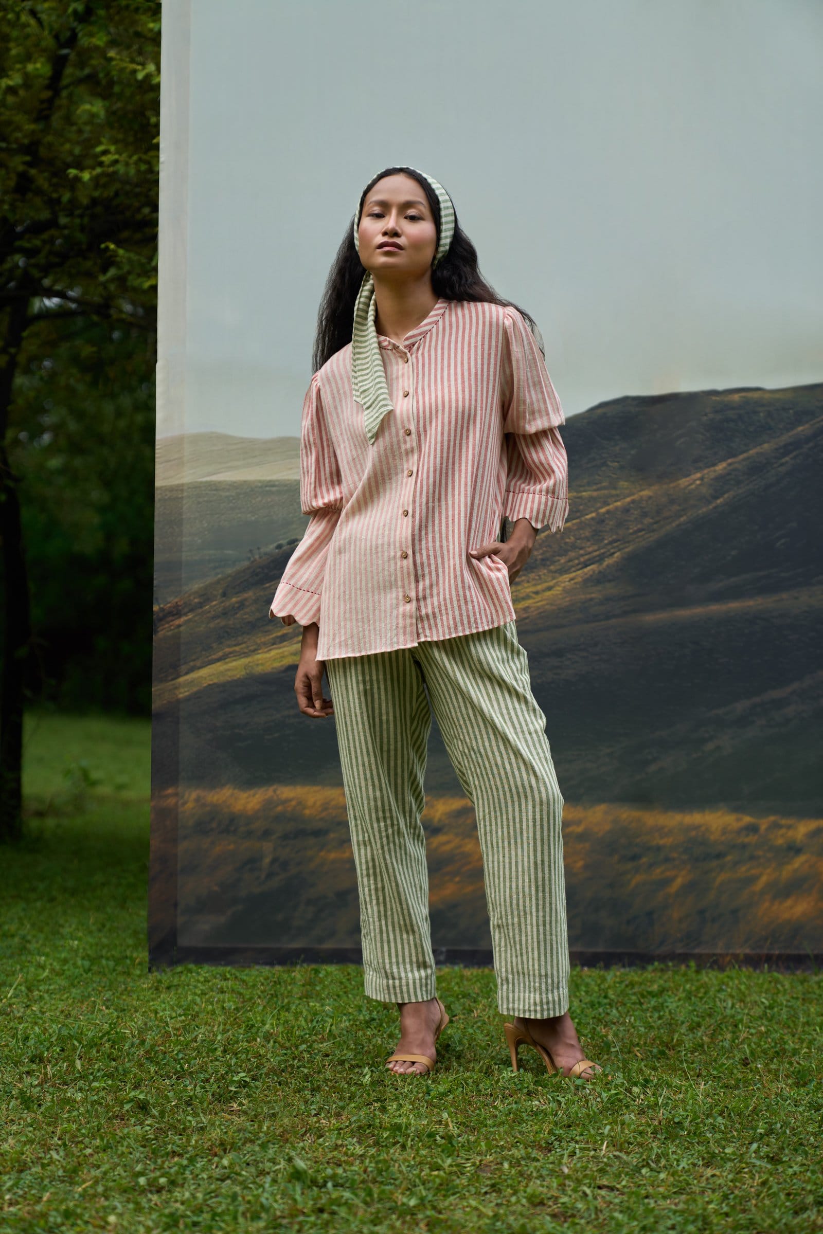 Alternative Scarlet top and moss trousers coordinate set, stylish casual outfit with a vibrant red top and green trousers.