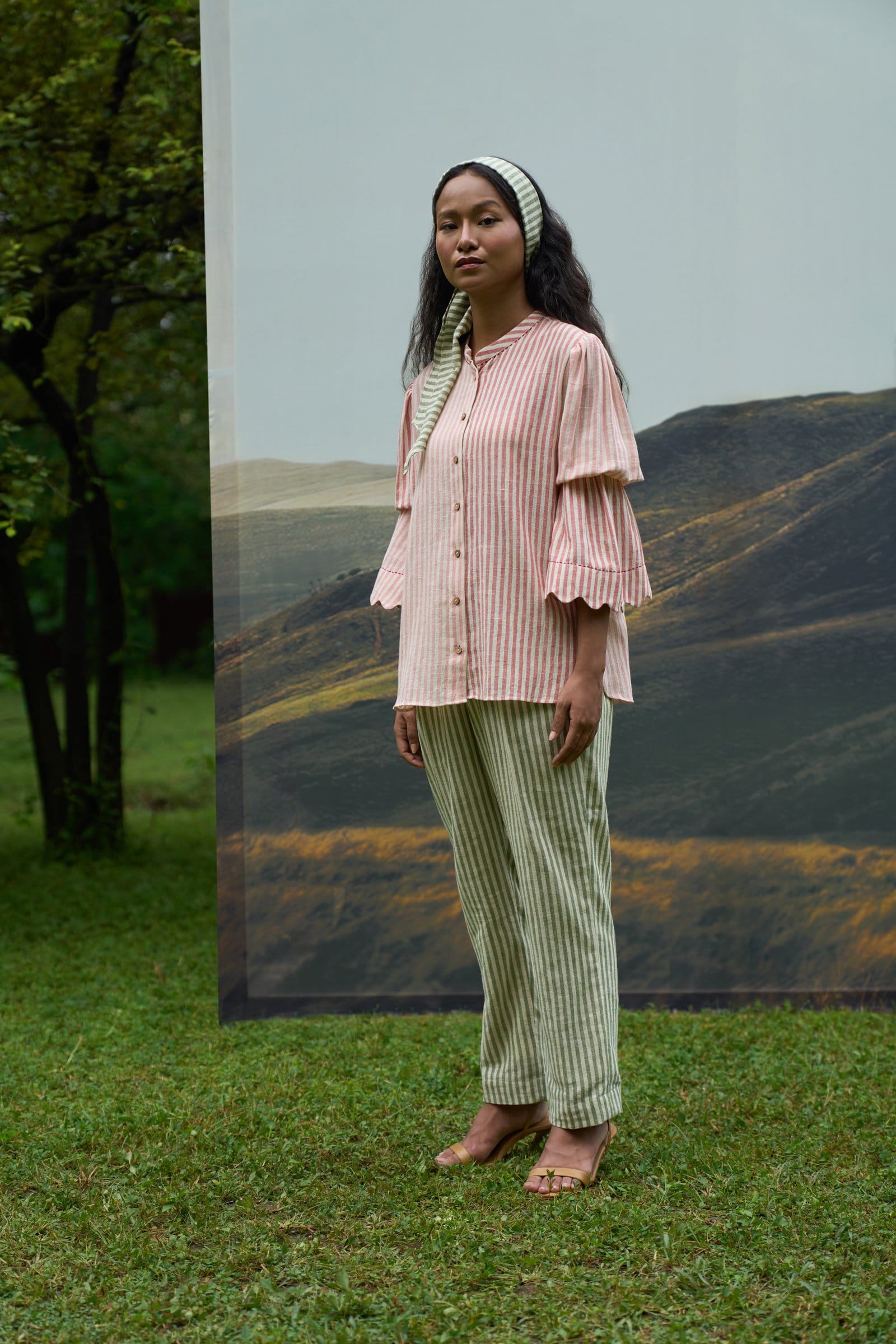 Moss striped trousers by Alternative, stylish casual trousers with green and beige moss pattern, relaxed fit and comfortable design.