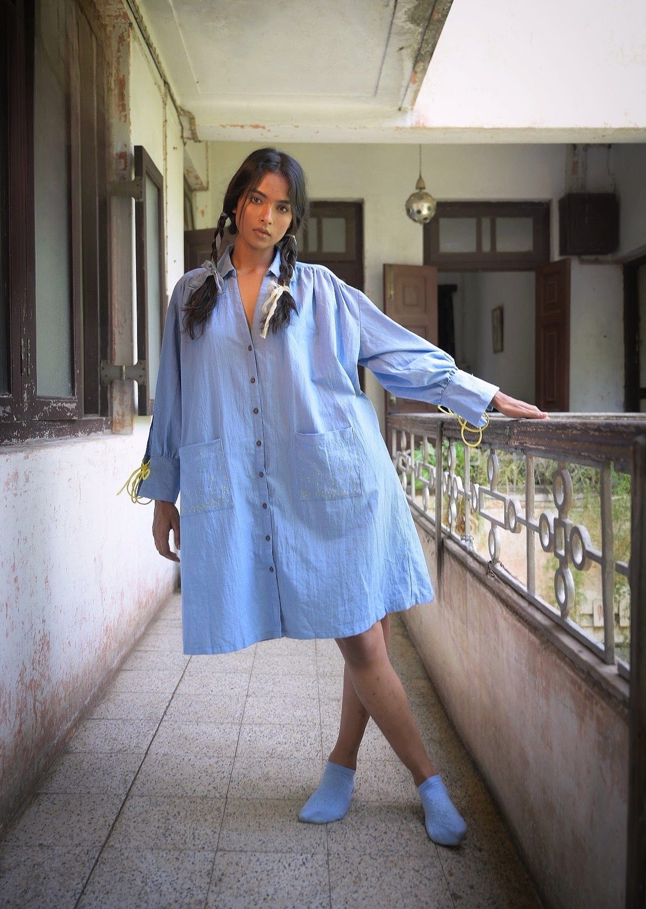Deeta Mavi shirt dress featuring a relaxed fit, button-front design, and collar, perfect for casual and stylish everyday wear.