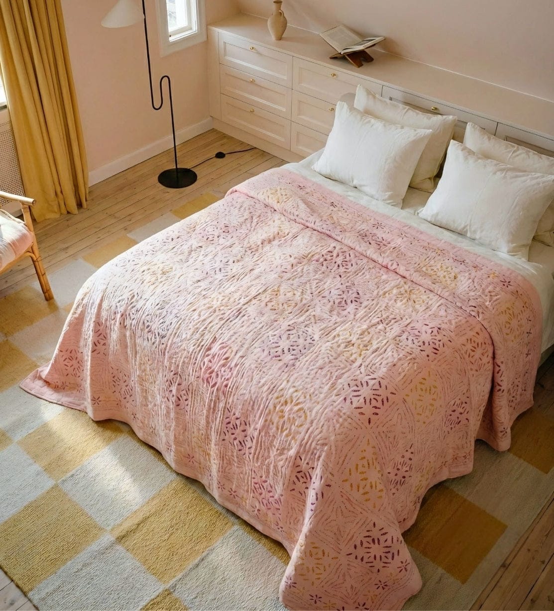 Bombaybirds Applique Blush Quilt in apricot and peach with luxurious, soft living decor design, perfect for cozy bedroom or living space.