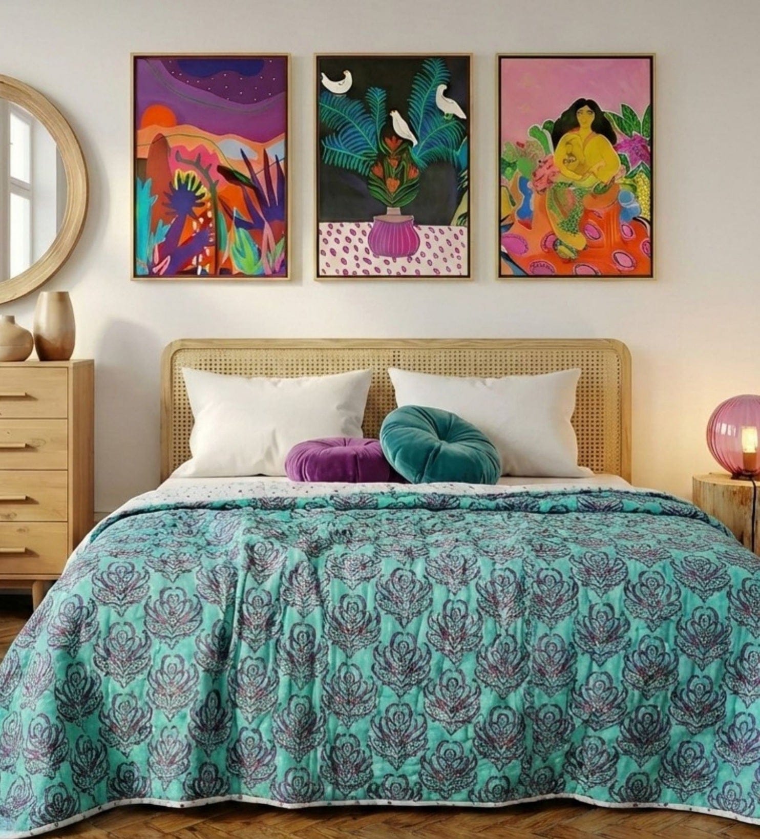 Pink lotus reversible quilt from Bombaybirds featuring vibrant blockprint design, ideal for boho bedroom decor.