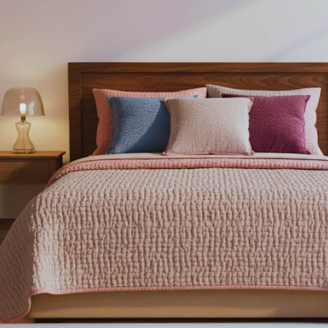 Reversible blush rose velvet quilt for living room decor, featuring luxurious soft fabric and elegant design by Bombaybirds.