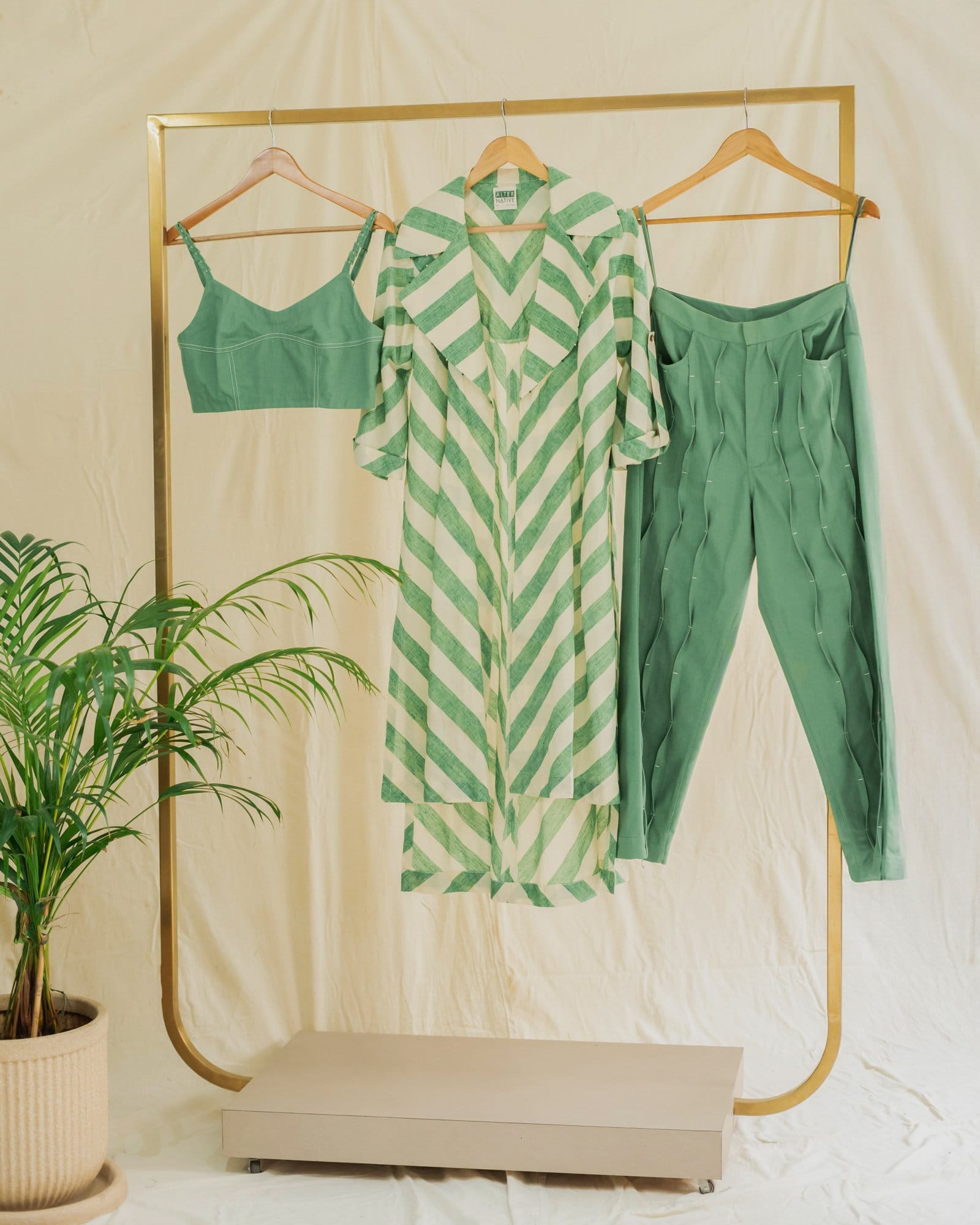 Alternative Fern bralette, soft fabric with fern leaf pattern, featuring adjustable straps and delicate lace detailing.