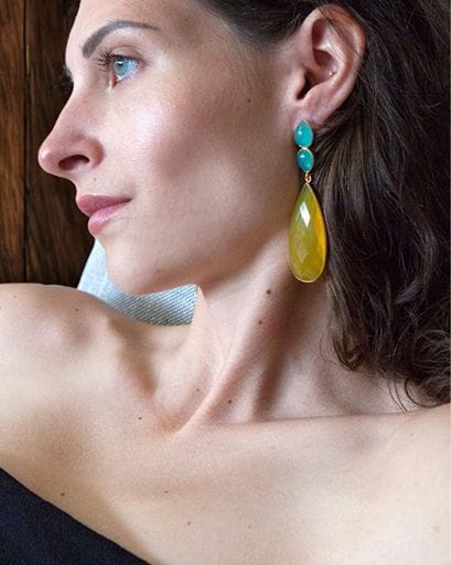 Bombaybirds Neal earrings with long drop design featuring brown topaz stones, elegant jewelry for special occasions.