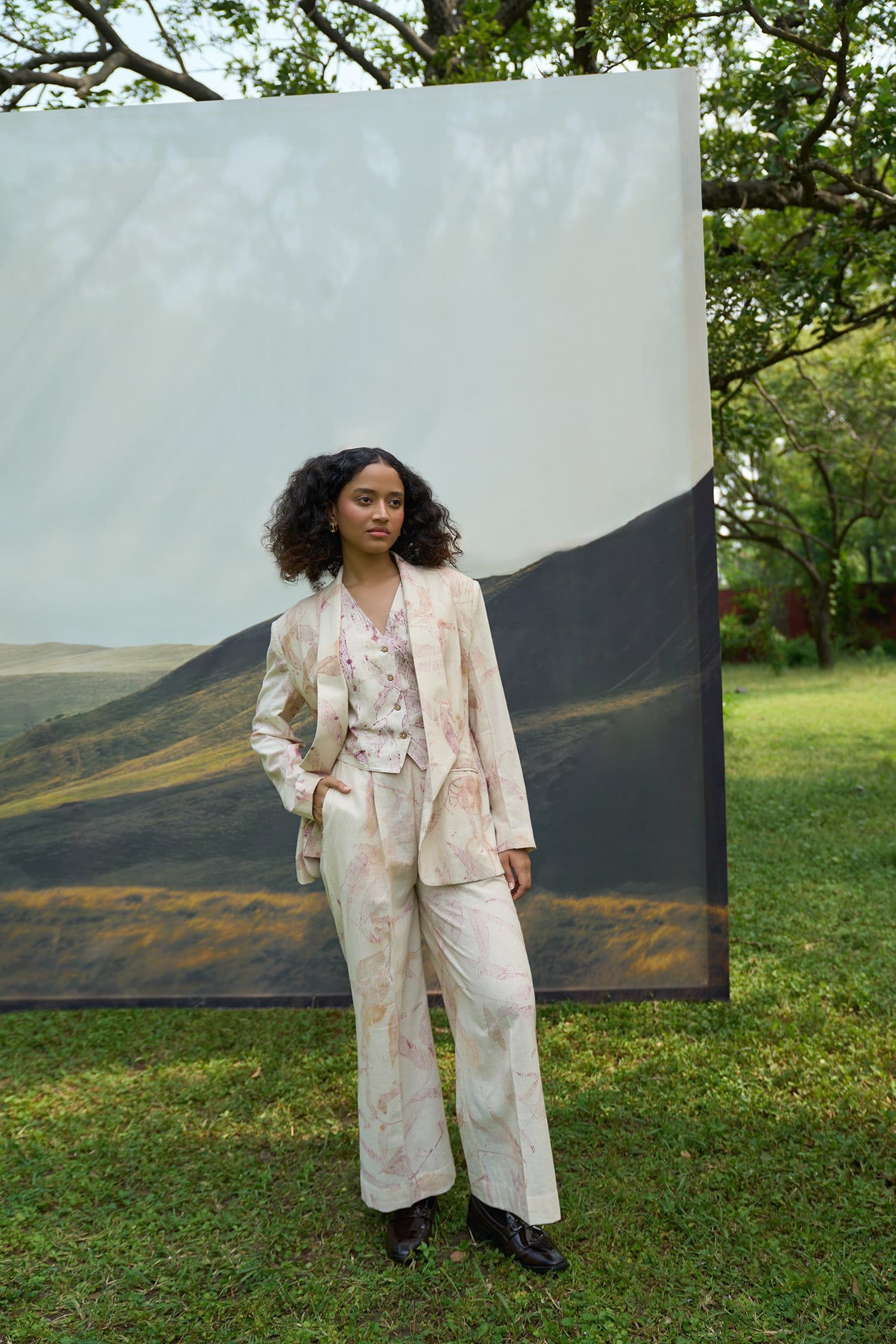 Pink foliage blazer and trousers set from Alternative, stylish coordinated outfit featuring vibrant floral print fabric.