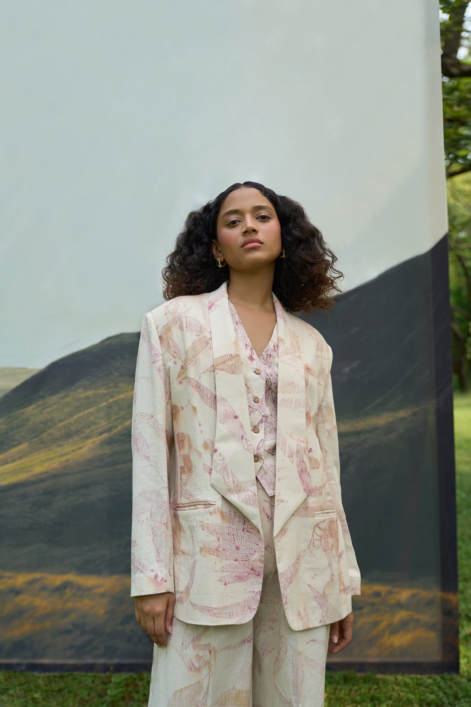 Pink foliage blazer by Alternative, stylish women's blazer featuring vibrant pink leaf pattern and tailored fit.