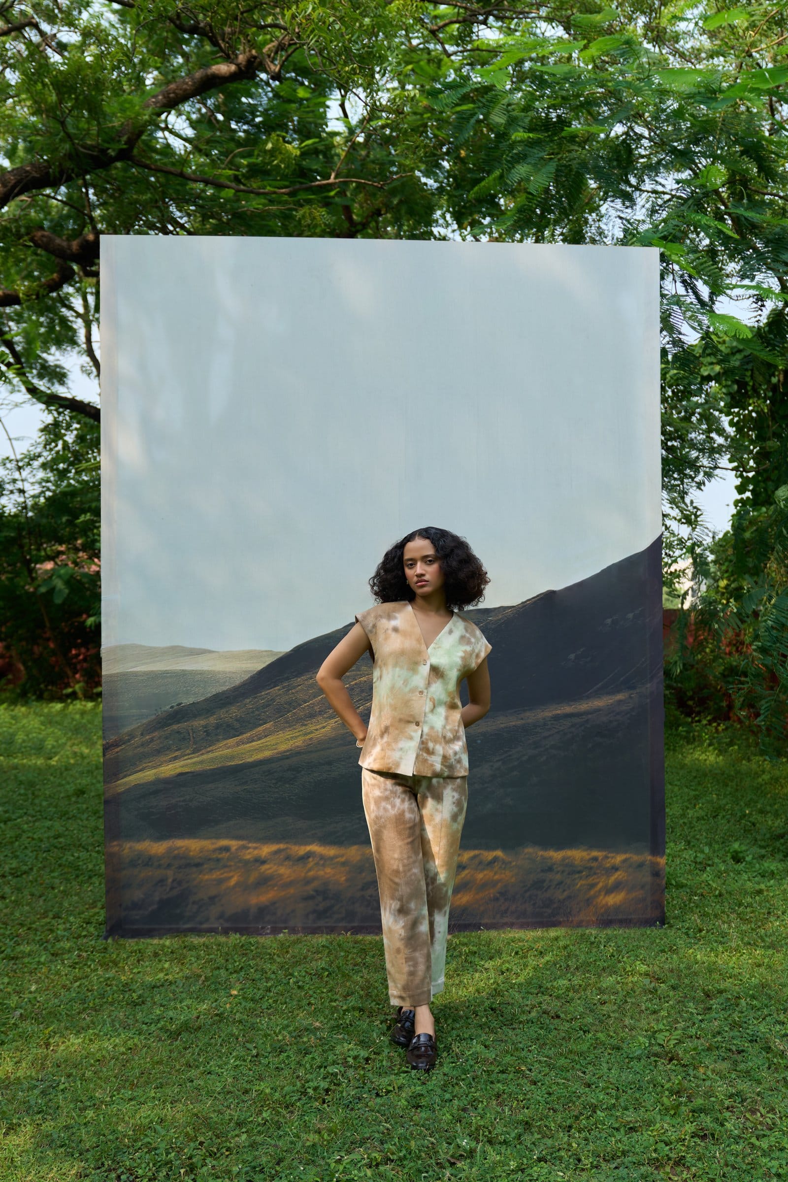 Alternative Forest denim vest and pants set, stylish coordinated denim outfit with forest-themed design details.