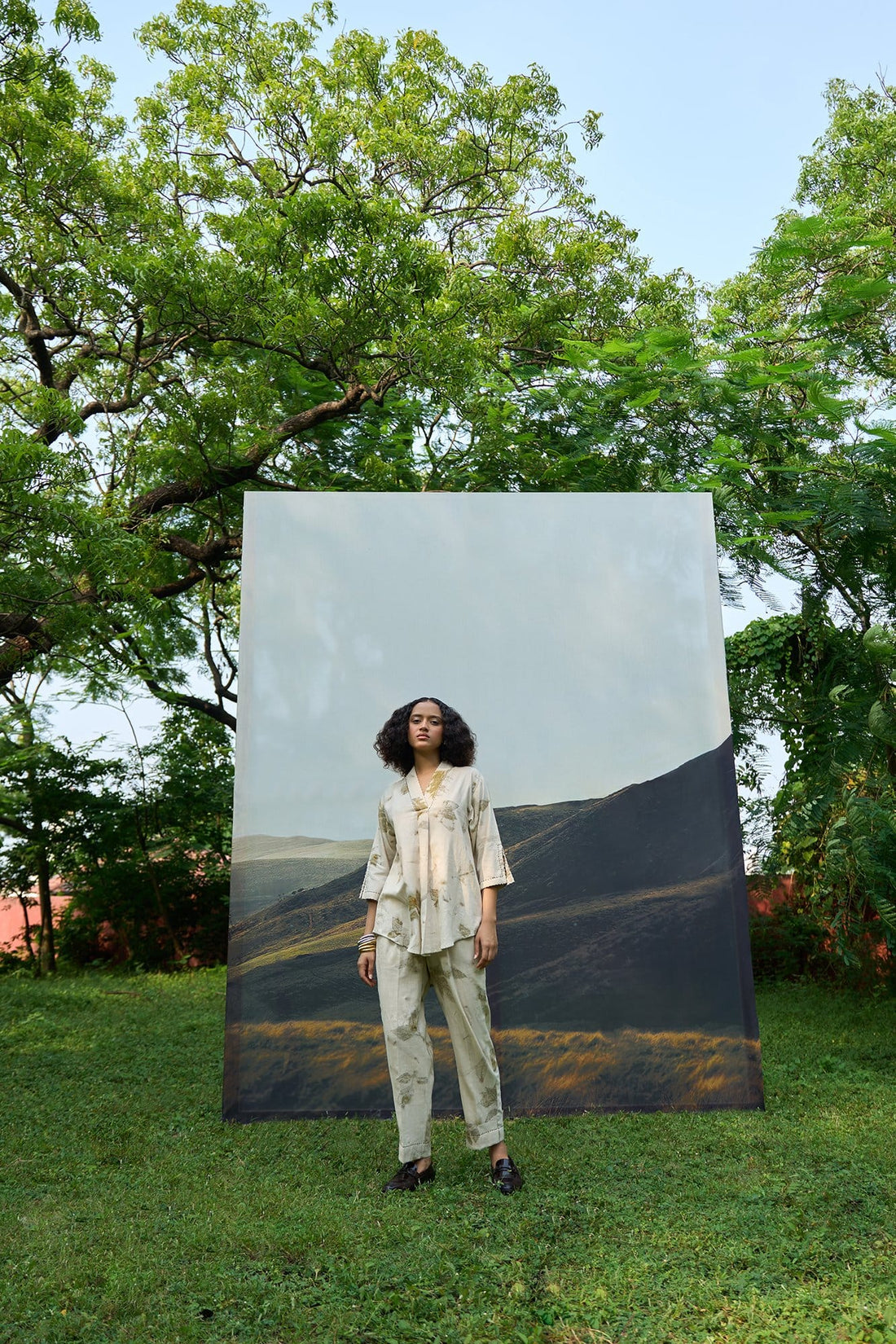 Alternative live leafy V kurta with matching pyjama pants in a coordinated set, featuring a leafy pattern and comfortable fabric.