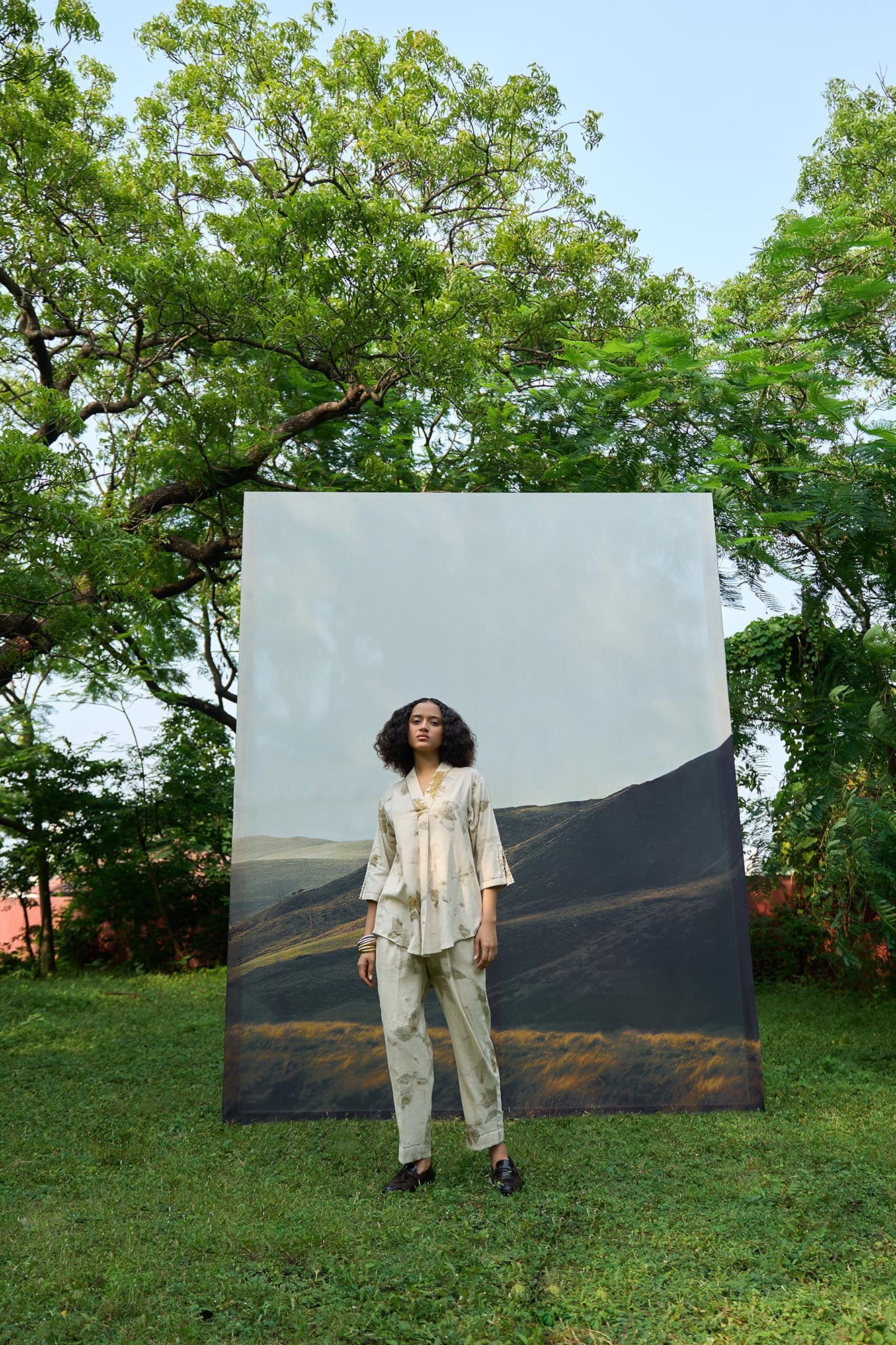 Alternative live leafy V kurta with matching pyjama pants in a coordinated set, featuring a leafy pattern and comfortable fabric.