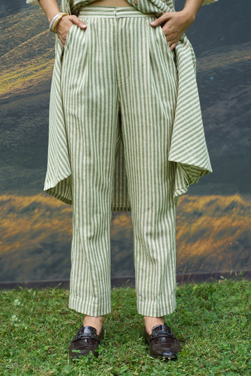 Alternative Moss Stripes tent dress and trousers set, featuring a stylish coordinated look with moss green stripes and comfortable fabric.