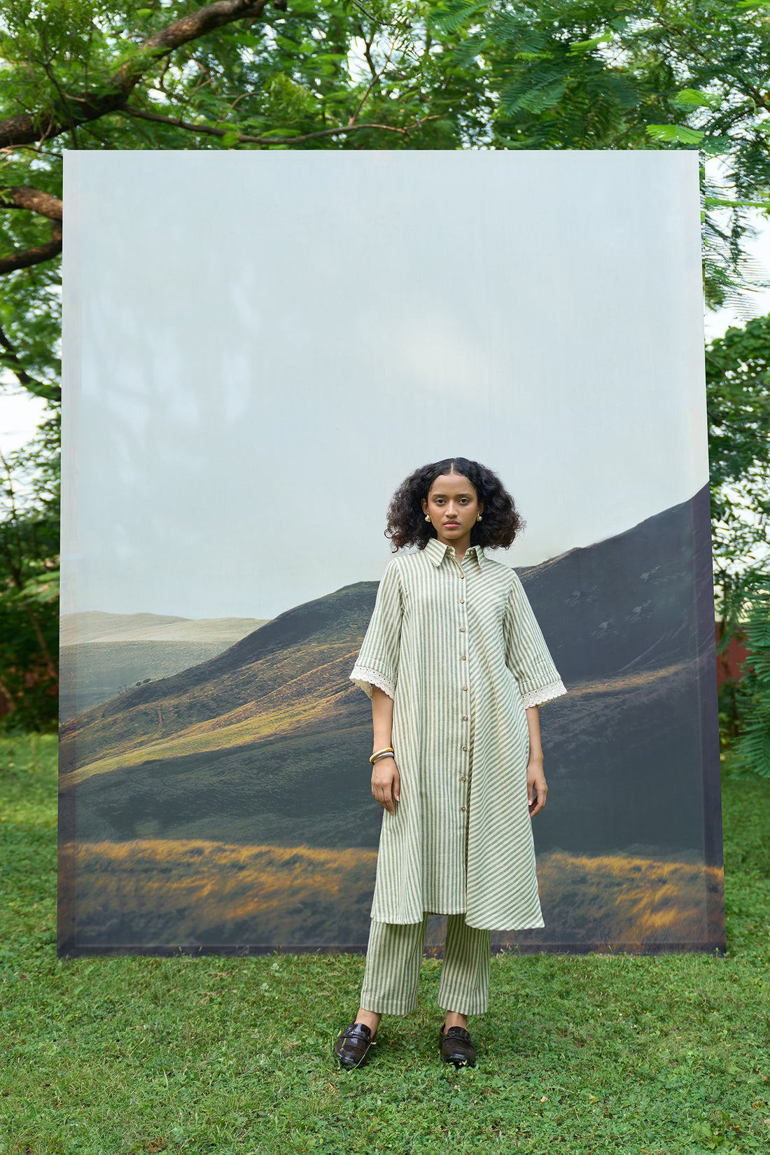 Moss stripes tent dress & trousers set
