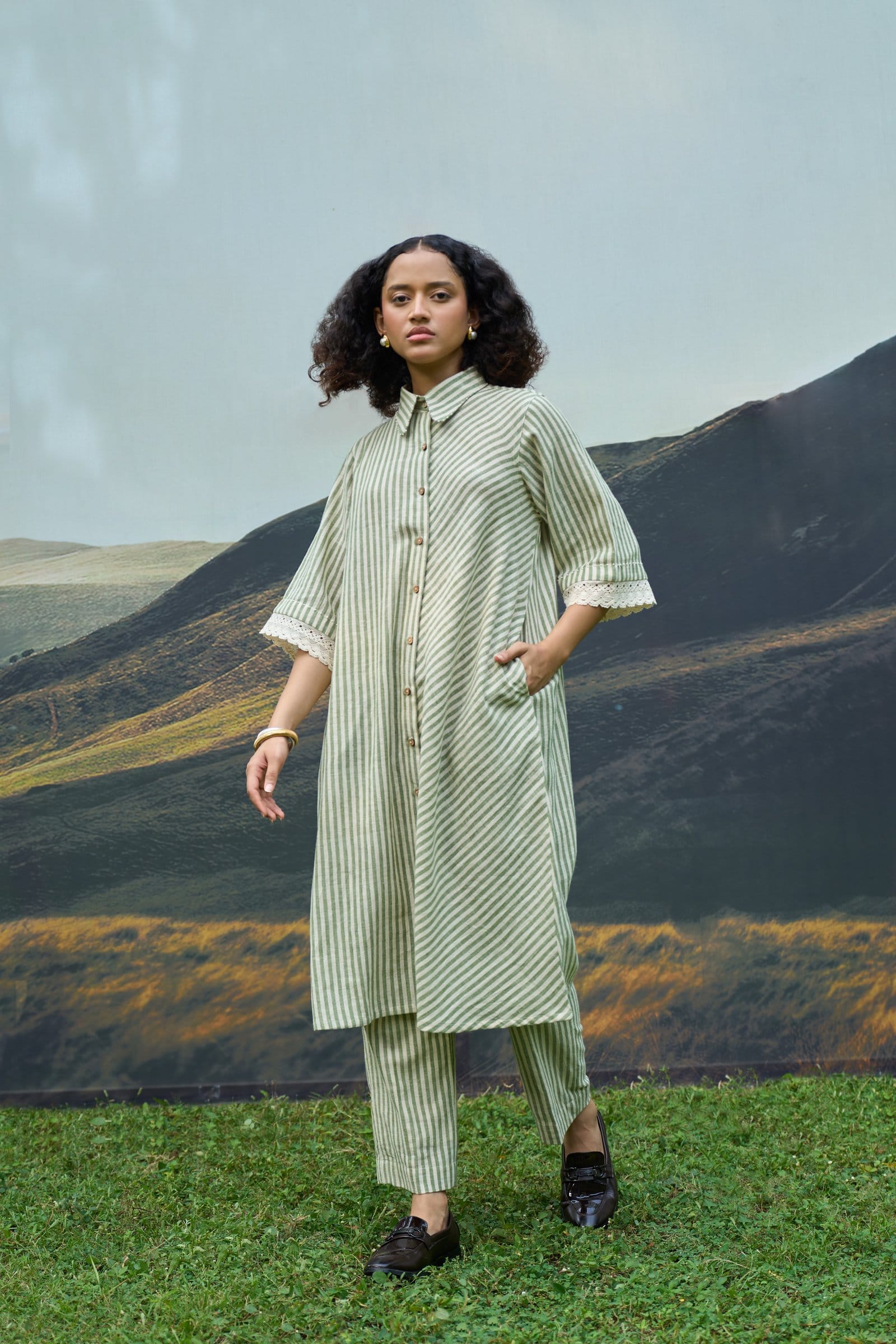 Alternative Moss Stripes Tent Dress and Trousers Set, featuring a striped pattern, lightweight fabric, and relaxed fit.