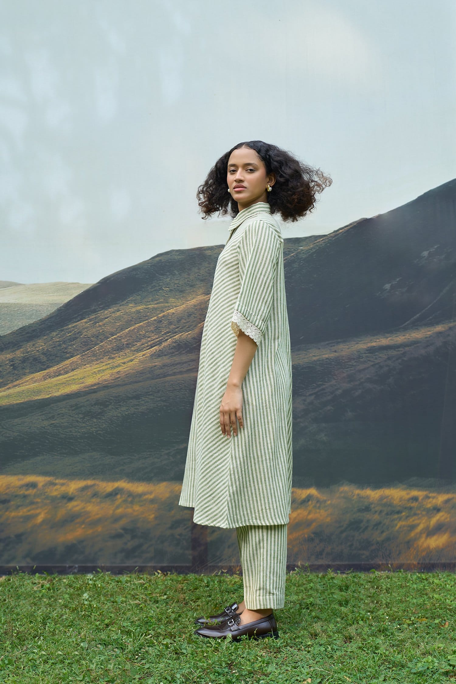Alternative moss stripes tent dress and trousers set, showing the coordinated dress and matching trousers in soft moss green and striped fabric.