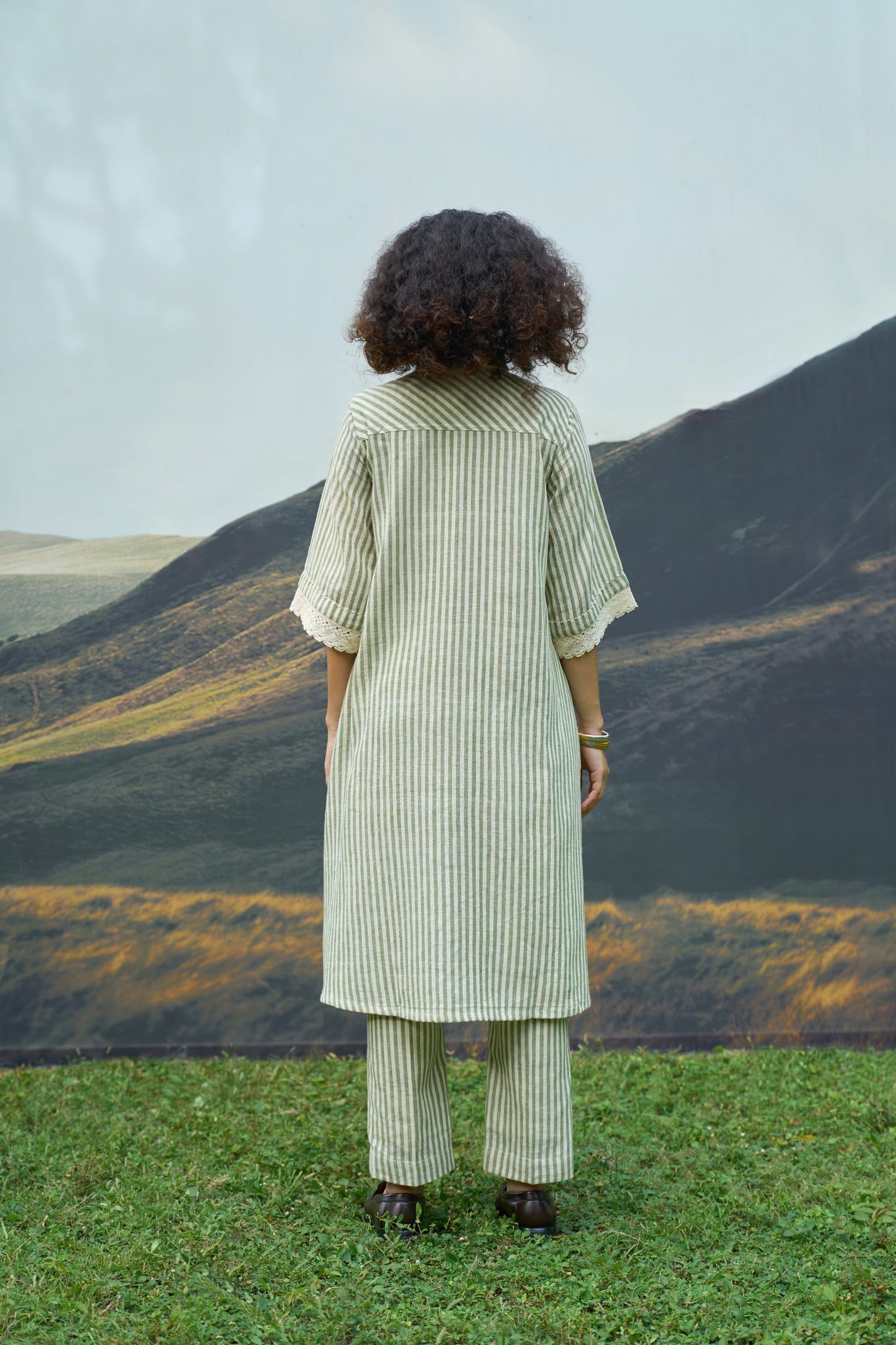 Alternative moss stripes tent dress and trousers set, featuring a stylish coordinated outfit with moss green and striped pattern details.