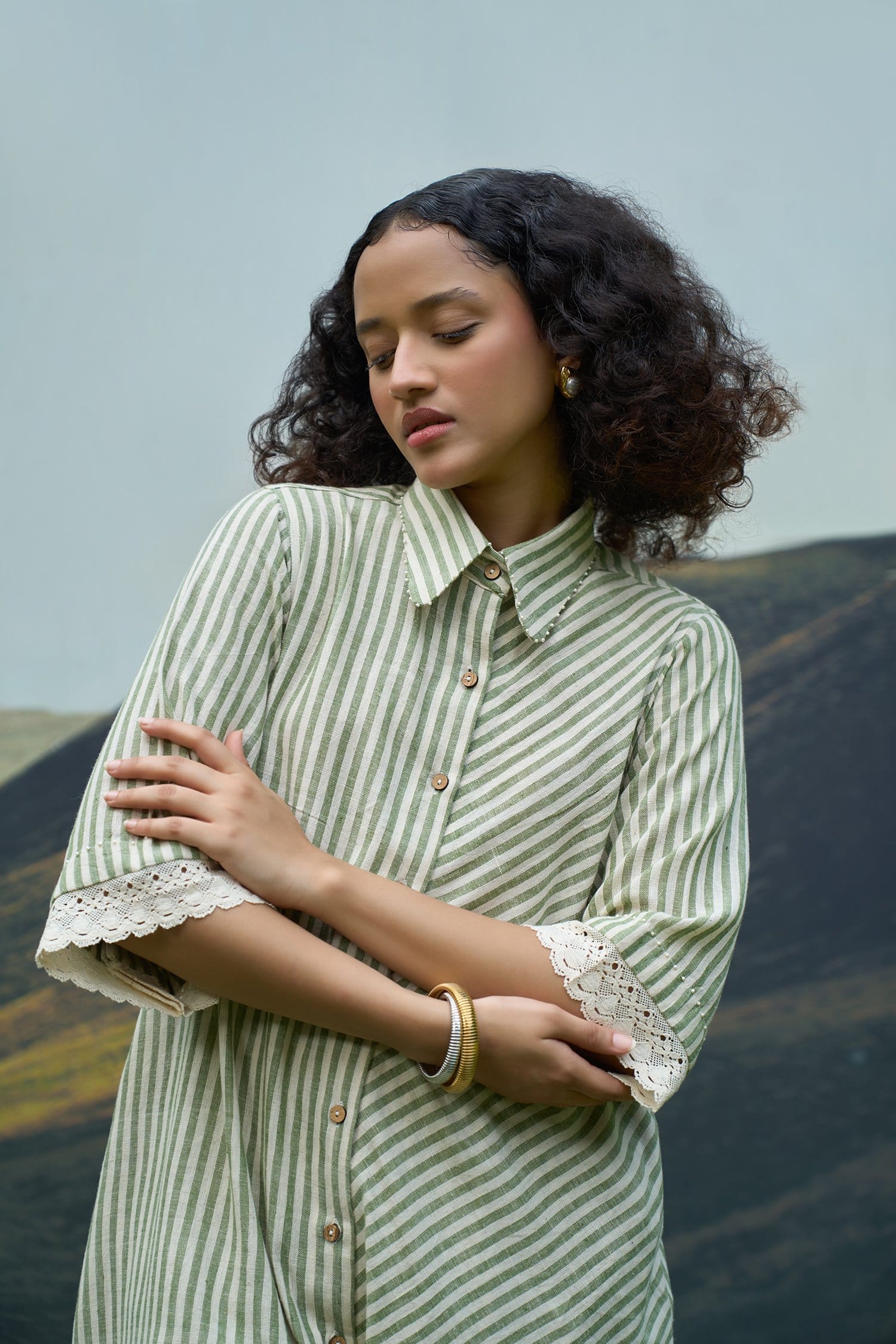 Alternative moss stripes tent dress and trousers set, lightweight coordinated outfit with a relaxed fit and moss green stripe pattern.