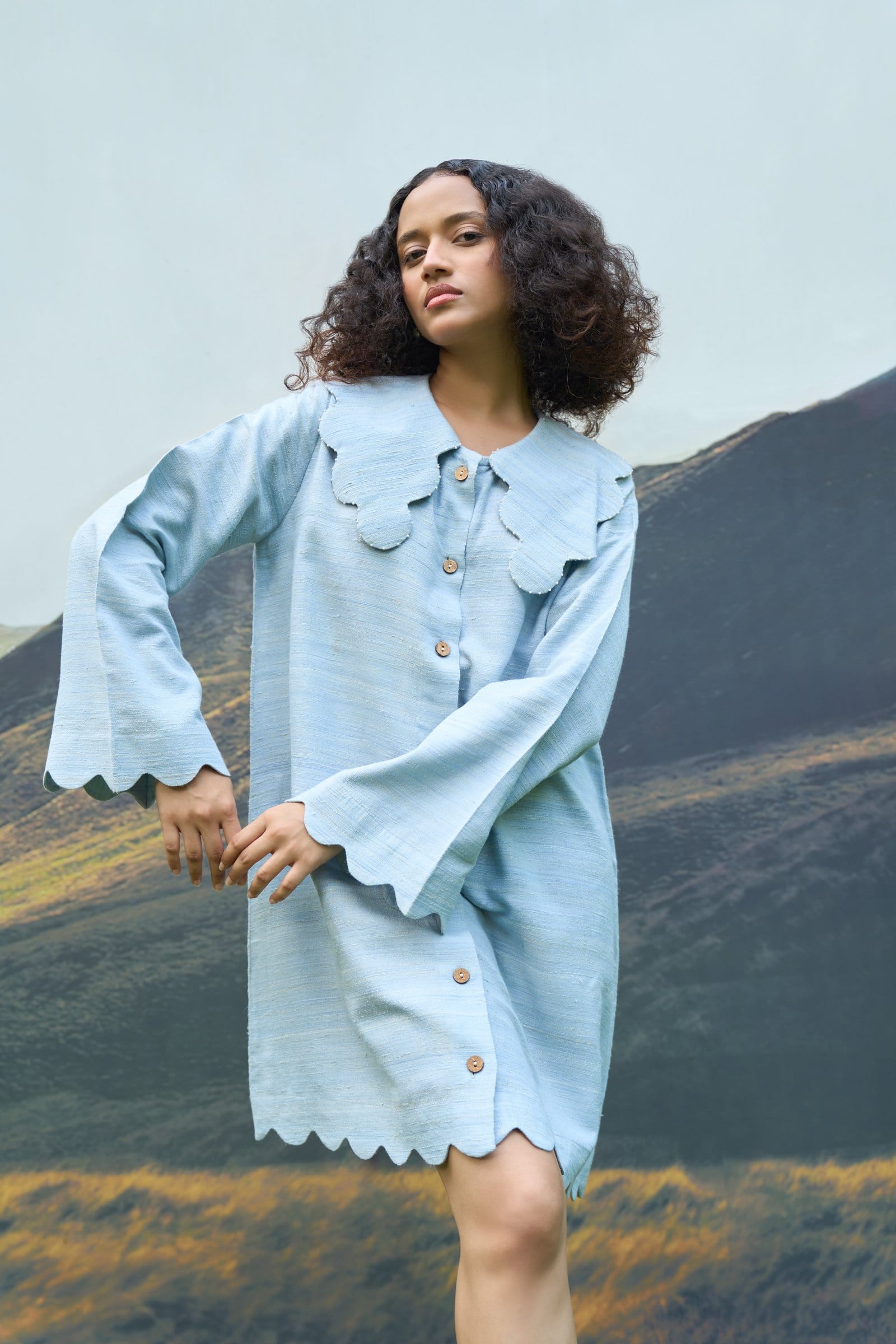 Alternative Petal scallop short dress with a flowing silhouette and scalloped hem, perfect for casual or semi-formal occasions.