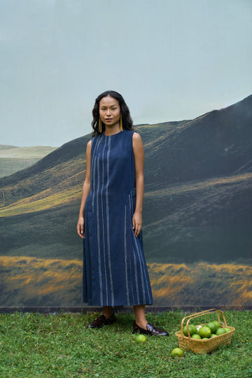 Cobalt panelled maxi dress by Alternative, featuring a flowing design and stylish panel details, displayed on a hanger.