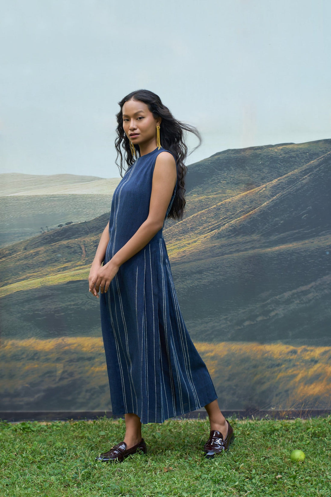 Cobalt panelled maxi dress by Alternative, featuring a flowing design and stylish panel details, displayed on a hanger.