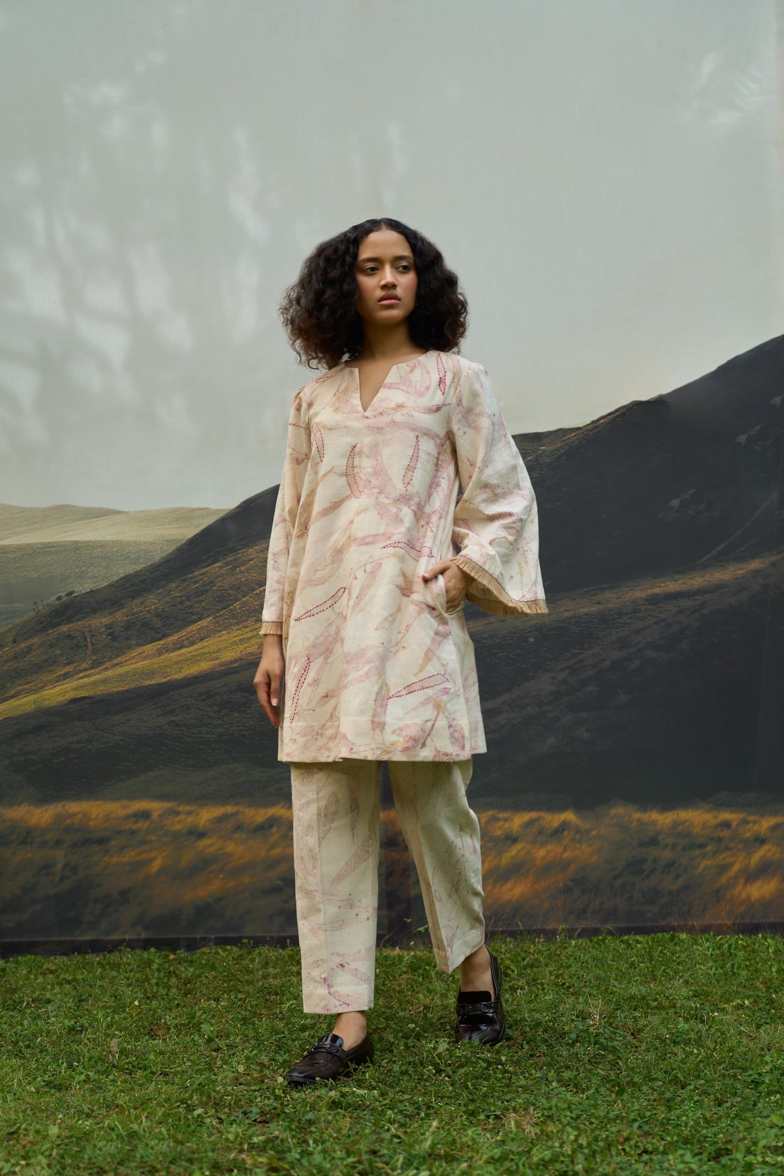 Pink foliage kurta and straight trousers set by Alternative, featuring a coordinated traditional Indian ensemble with floral print.