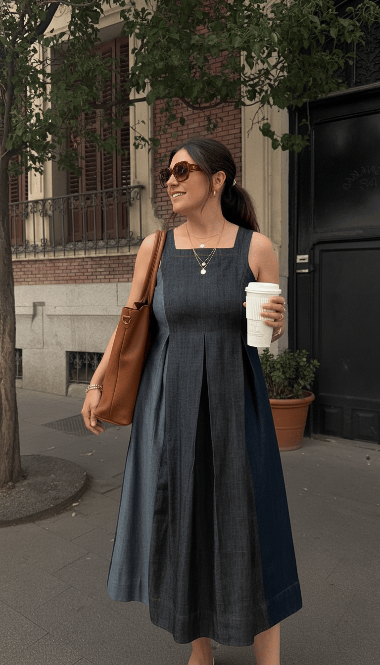 Doodlage Natalie denim dress displayed on a hanger, showcasing its casual style with a fitted bodice and knee-length skirt.
