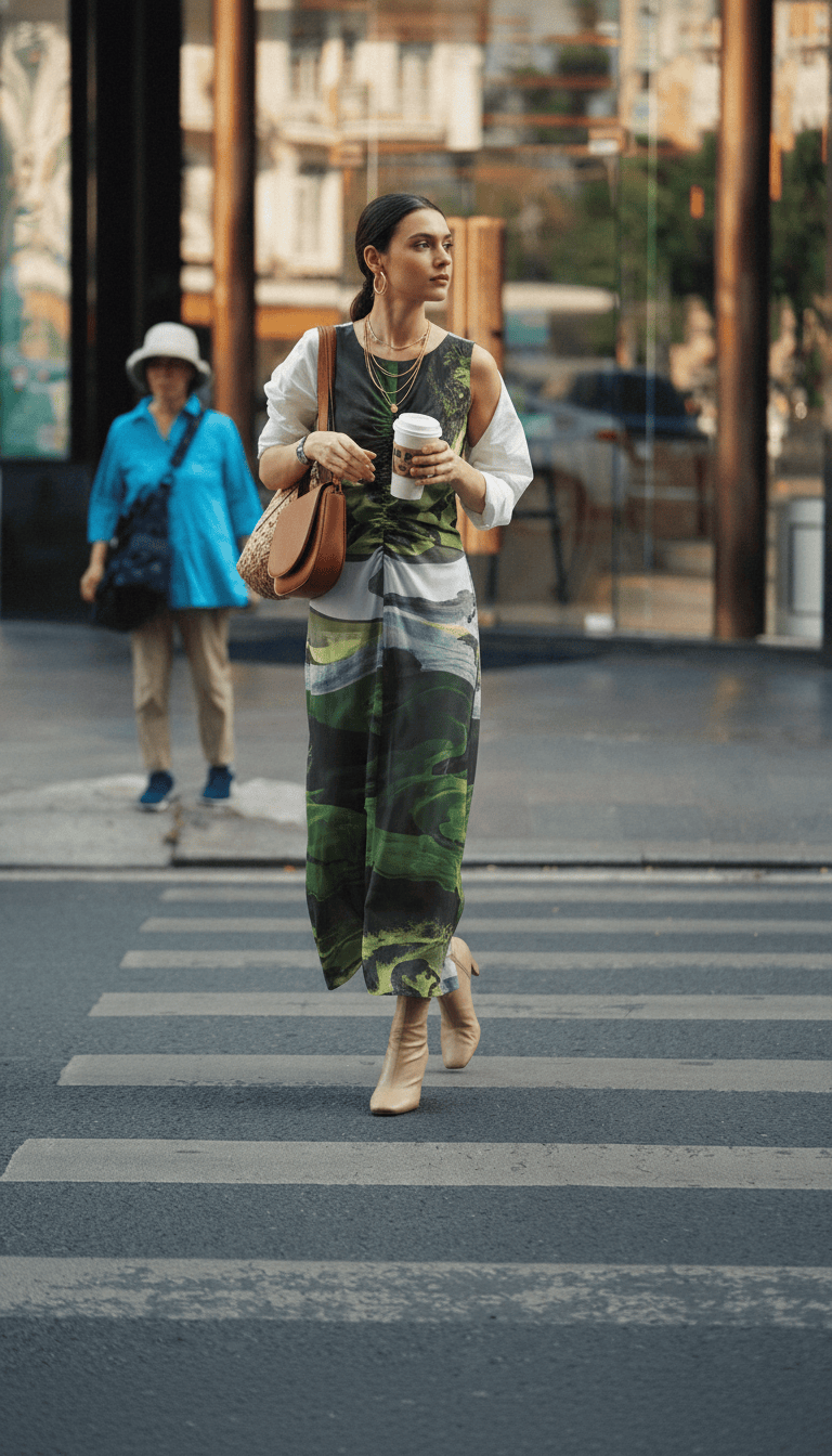 Doodlage Sarah printed dress with colorful floral and geometric patterns, casual fit, and short sleeves.