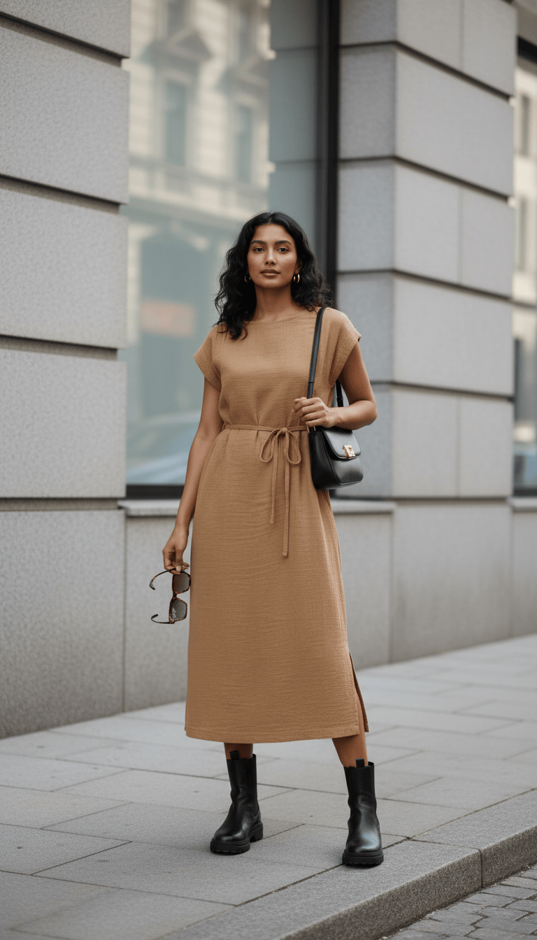 Beige Erna dress by Doodlage featuring a stylish, flowy design with subtle detailing, perfect for casual or semi-formal wear.