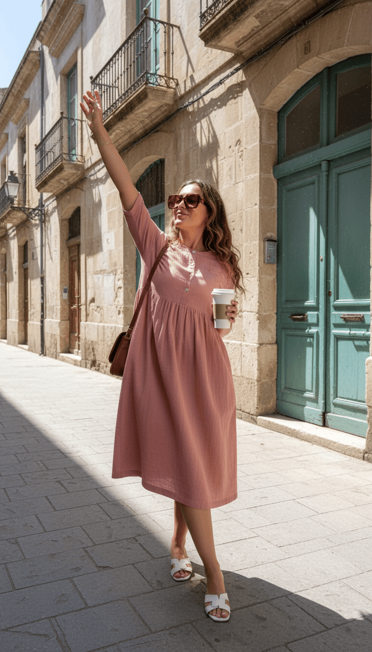 Doodlage Kara rose dress featuring a flowy, floral design with pink and green accents on lightweight fabric.