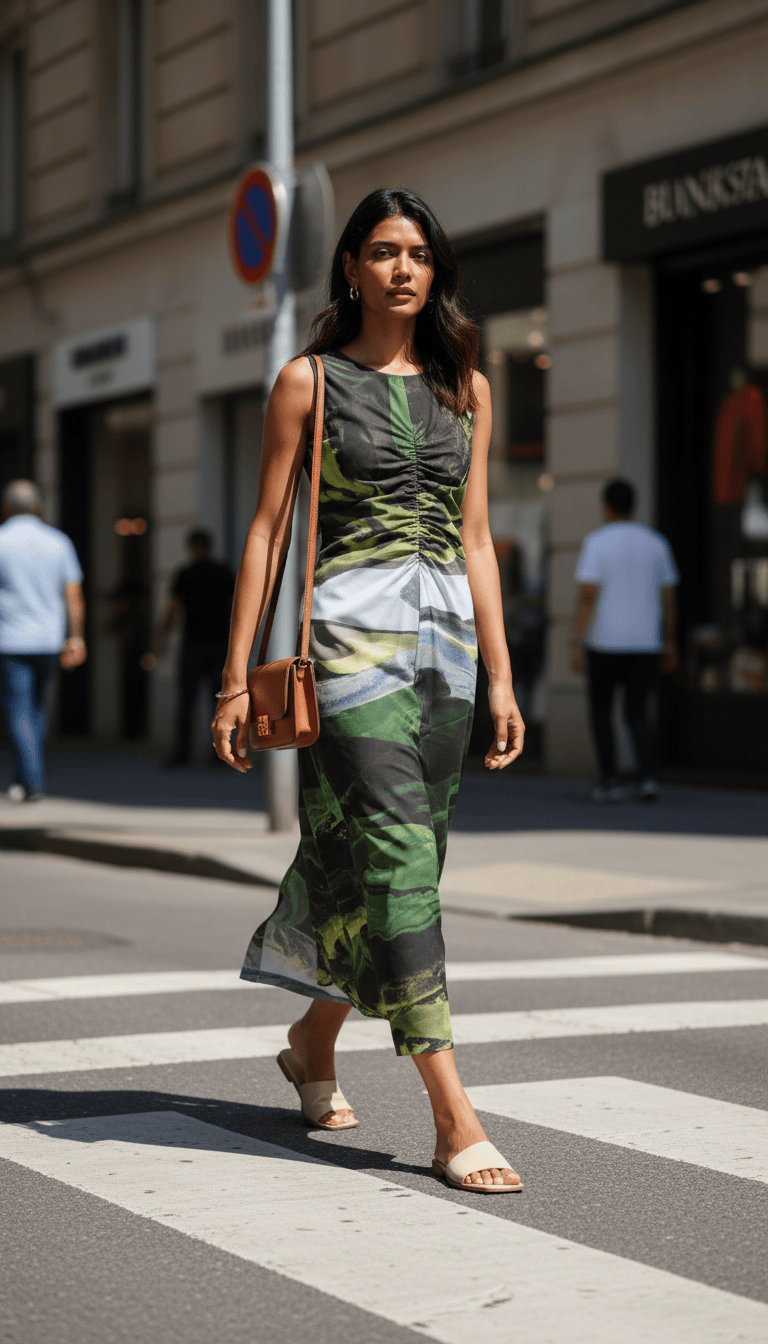 Doodlage Sarah printed dress featuring colorful floral patterns, long sleeves, and a relaxed fit, displayed on a hanger.