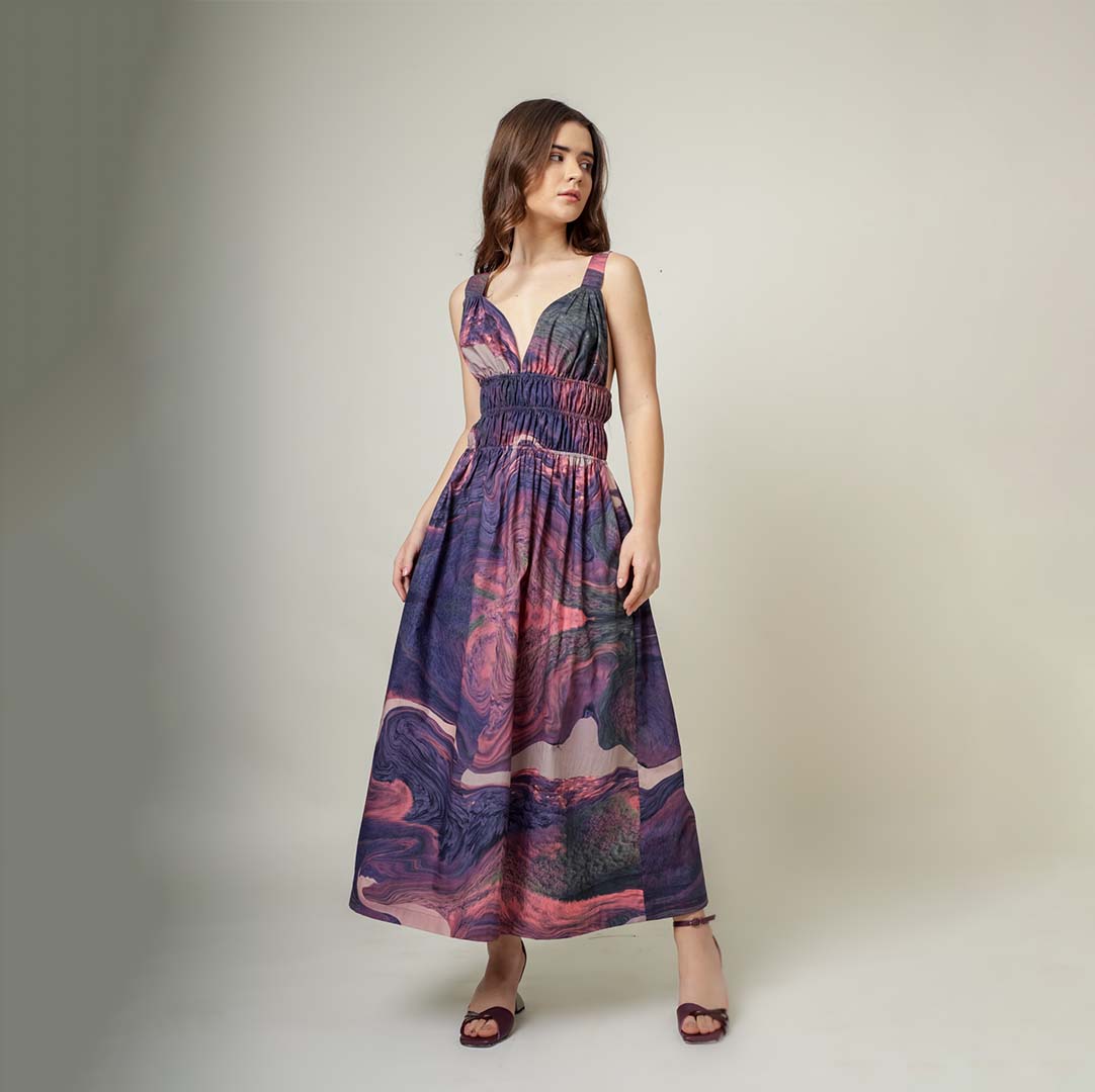 Doodlage August printed dress with vibrant floral pattern, short sleeves, and knee-length design for casual and stylish wear.