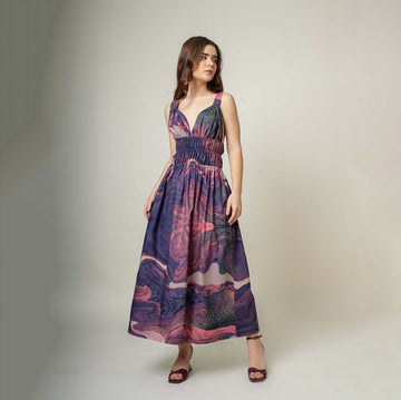 Doodlage August printed dress with vibrant floral pattern, short sleeves, and knee-length design for casual and stylish wear.