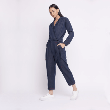 Upcycled denim jumpsuit by Doodlage, featuring a stylish, eco-friendly design with a relaxed fit and classic denim details.