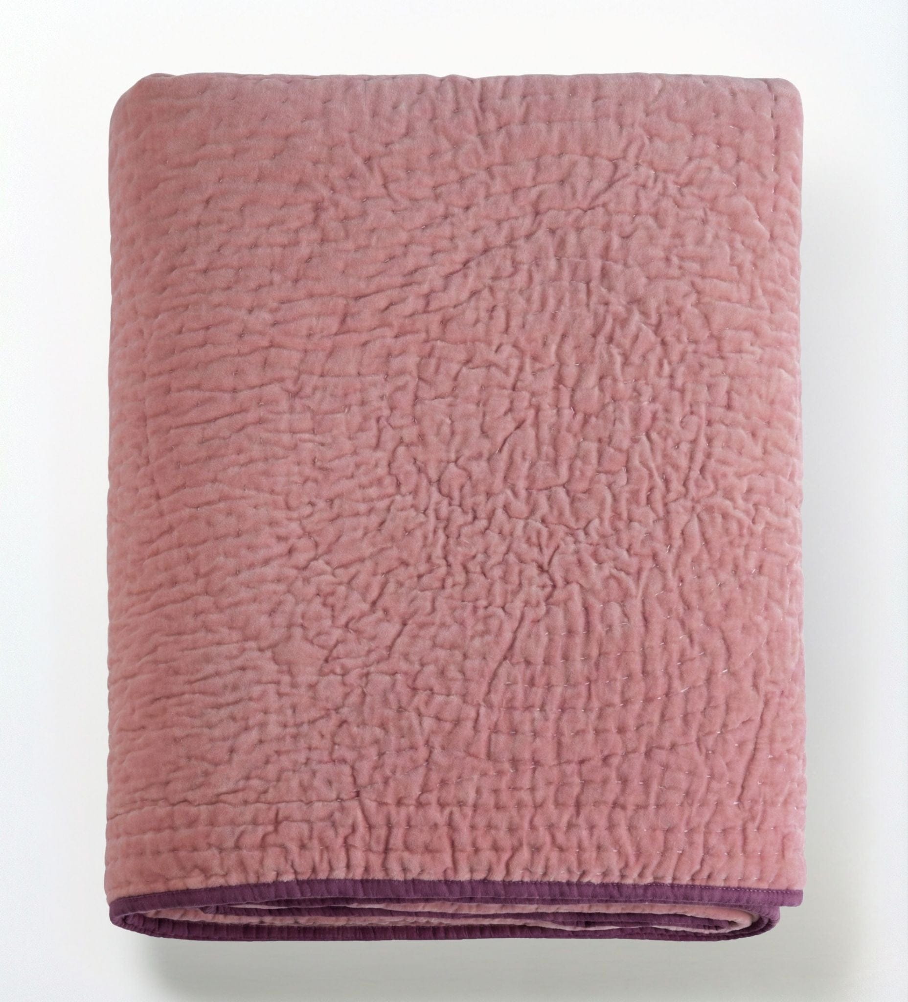 Reversible pink berry velvet quilt for living room, soft and plush, with a luxurious pink and rose-toned pattern by Bombaybirds.